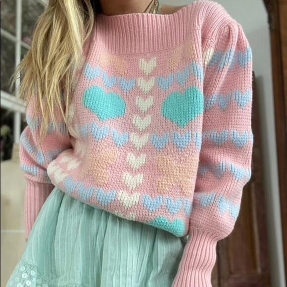 LoveShackFancy Gizela Pullover Sweater Size M In Fairy Forest Multi Hearts Print - Picture 3 of 16